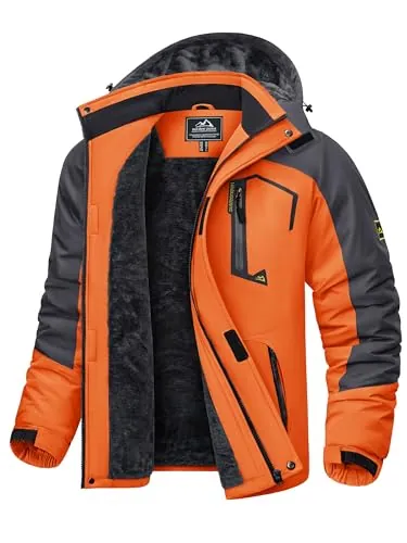 KEFITEVD Chaquetas Invierno Hombres Térmicas Esquí Senderismo Abrigos | Poliéster, Corte Holgado, 1 Bolsillo Pecho Cremallera Impermeable, Puños Ajustables Con Velcro, Nieve, Naranja Gris, M