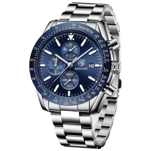 by BENYAR Relojes Hombre Analógico Cuarzo Cronógrafo Hombres Relojes Impermeable Luminoso Fecha Reloj de Pulsera Hombre Casual Vestido de Negocios Relojes para Hombres Clásico Elegante Regalo, Azul