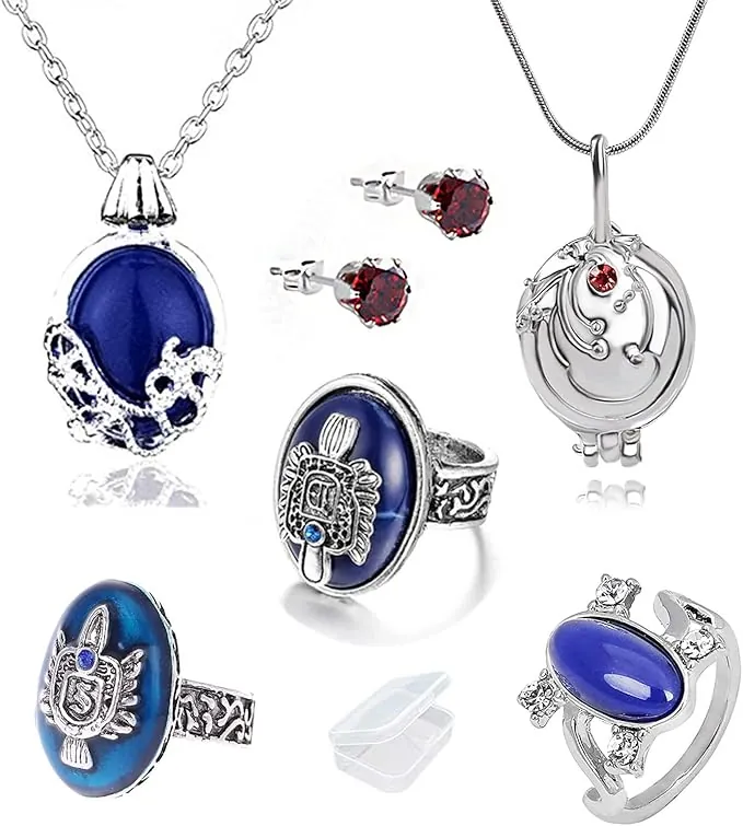 YouU Vampire Diaries Daywalking Katherine Verbena Necklace y Signet Anillo de Damon Stefan Salvatore Elena Diamond Stud Pendientes Rojo 6 Piezas