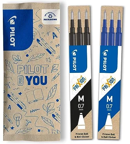 PILOT - Caja de 2 Set de 3 Recambios FriXion - Recambios para Bolígrafos Borrables - Compatible con FriXion Ball y FriXion Ball Clicker - Azul, Negro - Punta Media (6 recambios)