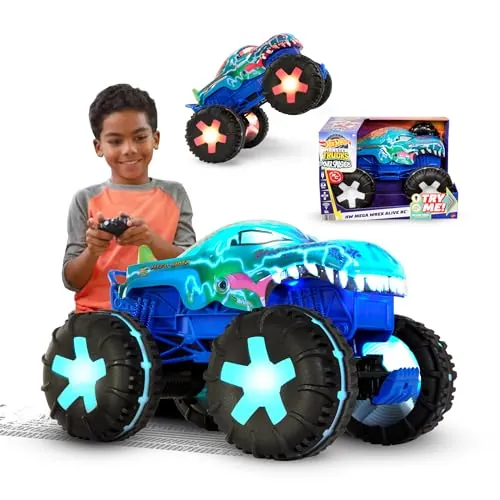 Hot Wheels Monster Trucks Coche teledirigido Mega-Wrex, coche de juguete radio control con luces, sonidos y 3 modos de juego, +5 años (JBD90)