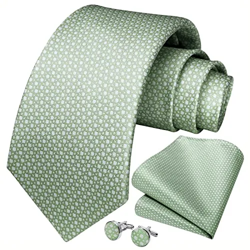 HISDERN Corbatas Verde Salvia de Hombre Modernas Corbata y Pañuelo de Bolsillo Gemelos Set Boda Formal Business