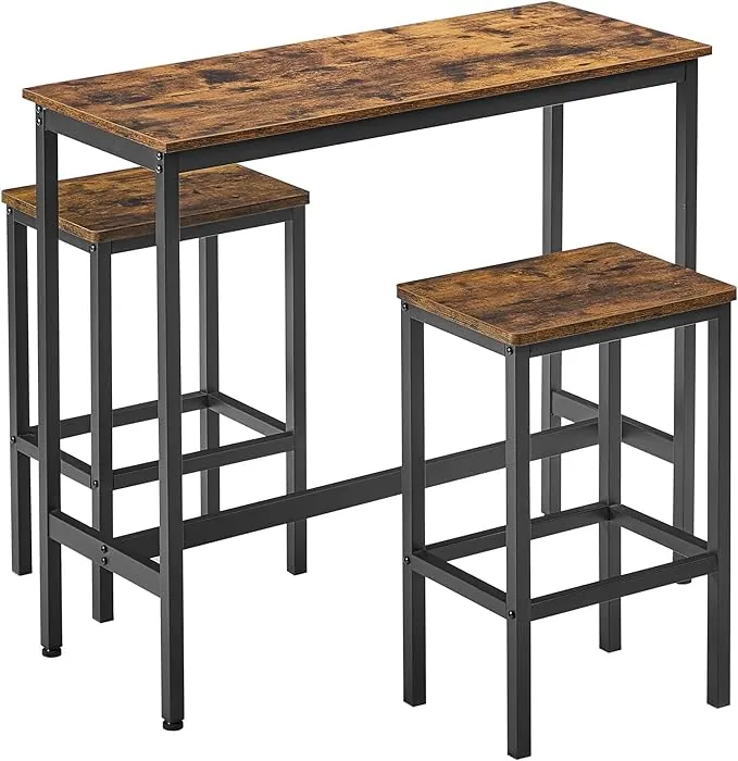VASAGLE Juego de Mesa y Taburetes de Bar, Mesa de Desayuno con 2 taburetes, Marco de Acero, Industrial, Marrón Rústico y Negro Tinta LBT218B01