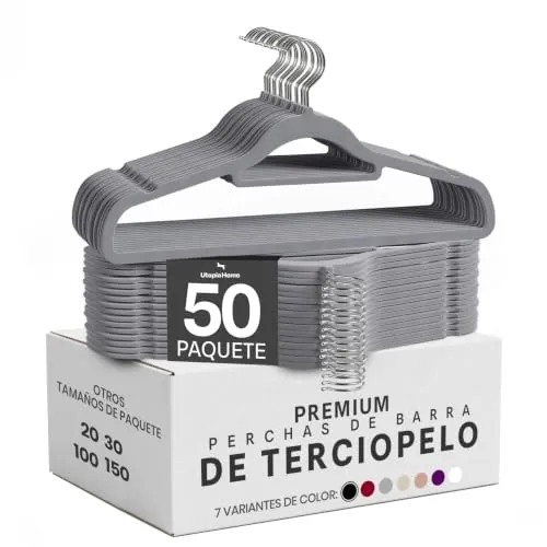 Utopia Home Perchas Terciopelo con Tie Bar (Gris, Paquete de 50)