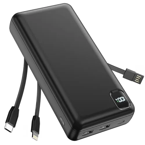 DRMARE Batería Externa de 50000 mAh, Carga rápida PD de 30 W con 3 Cables Integrados, 5 Salidas y 2 entradas, Pantalla LED, Carga portátil para iPhone, etc