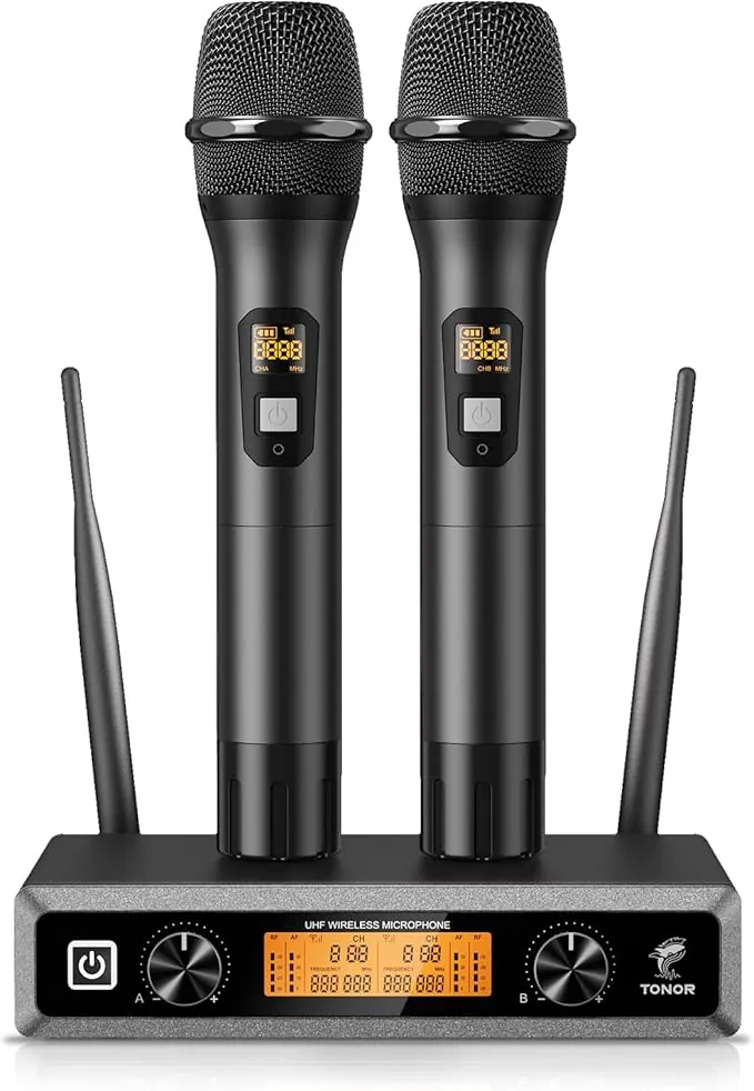 TONOR Micrófono Inalámbrico Dual Sistema de Micrófono Inalámbrico de Mano Profesional UHF, Set KTV Hogar para Karaoke, DJ, Fiesta, 60 Metros, TW820, Negro