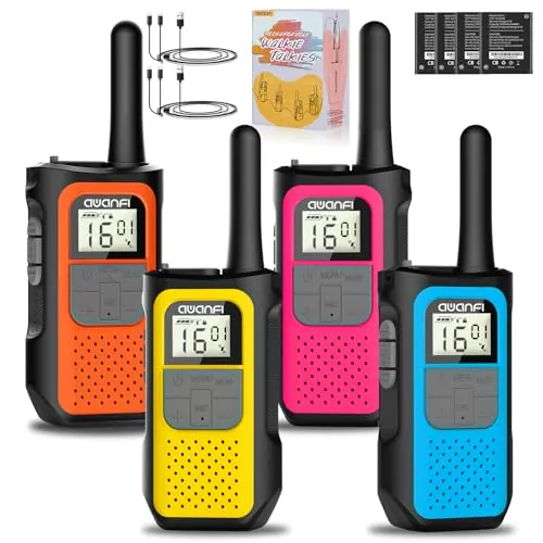 AWANFI 4 Piezas Walkie Talkie Recargable con 1200mAh Batería, Walkie Talkie para Adultos Niños, 16 Canales Walkie-Talkies con VOX, Walky Walky para Regalos Aventuras Camping Senderismo