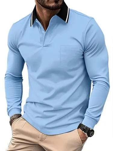 JACKETOWN Polo para Hombre Polo Manga Larga Camiseta de Golf Trabajo Transpirable T Shirt con Bolsillo Primavera Otoño Camisetas de Senderismo Pesca,Azul Luna,XL