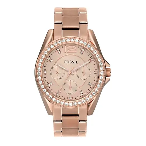 Fossil Riley Reloj para mujer, movimiento cronógrafo con correa de acero o piel, Tono oro rosa y purpurina, 38MM