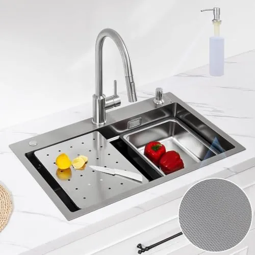 CECIPA Fregadero Cocina 1 Seno 70x45 CM, Fregadero de Acero Inoxidable con Dispensador de Jabón, Fregadero con Sifón y Juego de Desagüe, Fregadero Cocina con Lavello Mobile e Tagliere, Cepillado