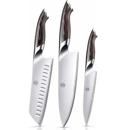 Set de cuchillos de cocina ENOMARA con tabla de acacia – regalo premium original para hombre y mujer – cuchillo chef, santoku y multiusos – acero inoxidable