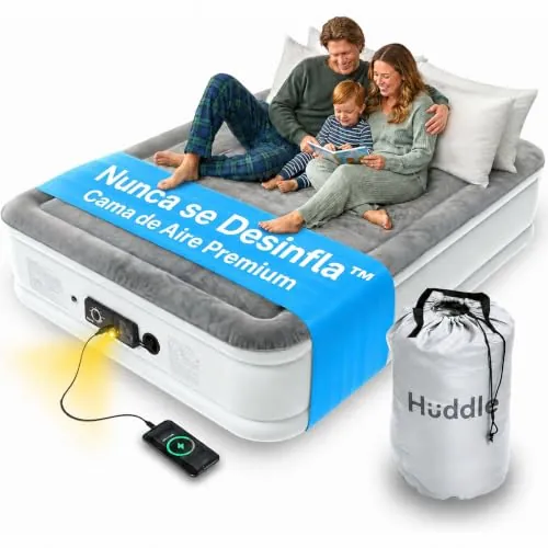 Huddle Never Deflate™ Luxury Colchón Inflable King Size, Ganador del Good Housekeeping 2025, con Hinchador Dual SlumberGuard™, firmeza Ajustable, Bomba integrada y luz Nocturna USB.