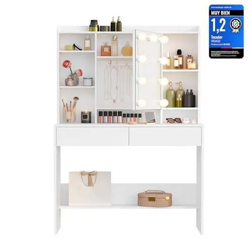VASAGLE KAILYN Colección - Tocador con 9 Luces LED, 3 Tonos y Brillo Ajustable, Mesa de Maquillaje con Espejo, Estantes Ajustables, 2 Cajones, Blanco Nube RDT126W01