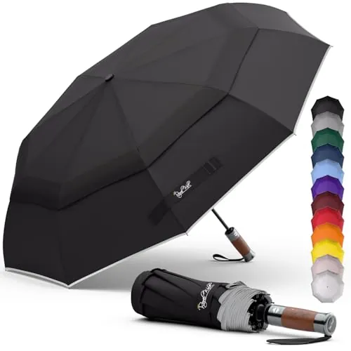 Royal Walk Paraguas de viaje plegable resistente al viento, compacto y fuerte, mango de madera auténtica, apertura automática, doble toldo ventilado para hombres y mujeres, Black, L, Moderno