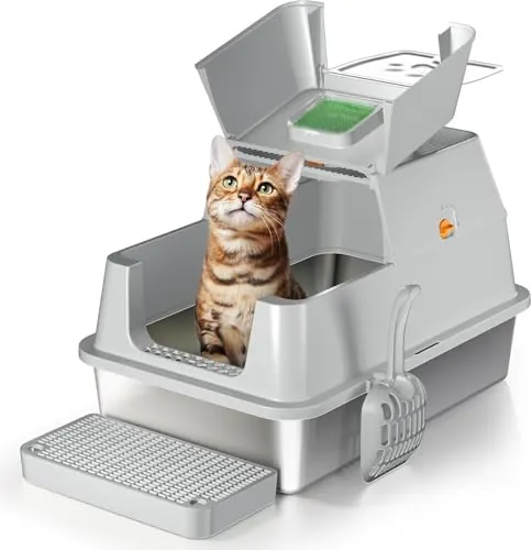 Arenero Acero Inoxidable Gatos, Caja de Arena para Gatos con Tapa Abatible de 180°, fácil de Limpiar, 60 x 40 x 39 cm, Control de olores, Caja de Arena con Pala - Gris