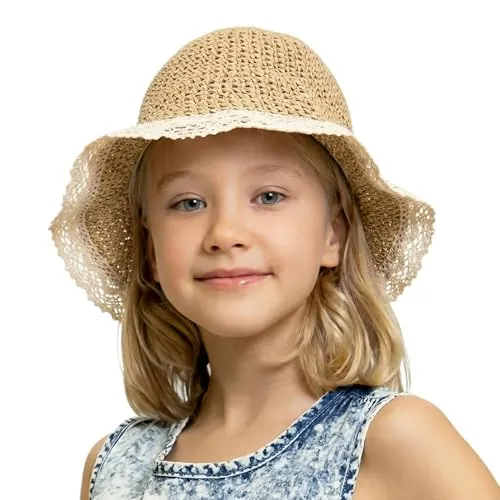 Zidoley Sombrero de paja para niños y niñas, sombrero de verano para niños con encaje y ala ancha, ajustable con cinta, sombrero de playa plegable con agujero trenzado, beige, Talla única