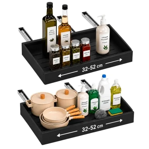 AMMERGI Cajones Extraibles para Cocina - Bandeja Extraíble Armario Cocina - Organizador Armario de Ancho Ajustable (32-52 cm) Para Almacenaje y Organizador en Hogar - Sin Taladrar (Negro 52)