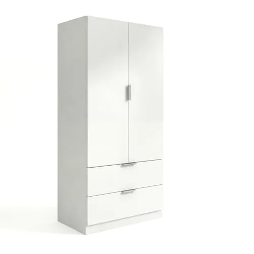 duehome | Armario de 2 Puertas y 2 cajones, Modelo Lark, Acabado en Color Blanco Artik, Medidas: 81 cm (Ancho) x 180 cm (Alto) x 52 cm (Fondo)