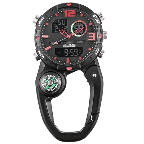 GOMETY Reloj de bolsillo multifunción con mosquetón, luminoso, calendario, semana, despertador, brújula, digital y analógico de cuarzo, para médicos, enfermeras, exteriores, unisex