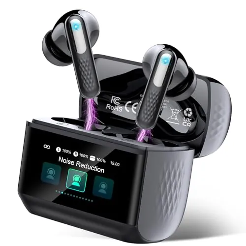 Auriculares Inalámbricos con Pantalla Táctil LED, 2026 Auriculares Bluetooth 5.4 HiFi Estéreo con HD Mic, 48H Cascos Inalambricos Bluetooth con Reducción de Ruido ANC+ENC, 5 Modos EQ, IP7 Impermeable
