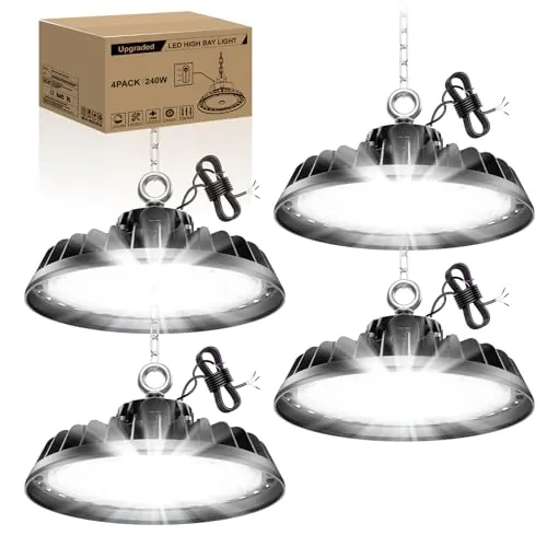 RUISUN 4 Pack UFO 240 W LED High Bay Proyector Garage Light 40800LM Iluminación para taller 6000 K 120 °Iluminación IP65 lámpara industrial regulable 140 W/190 W/240 W plantas de almacén de