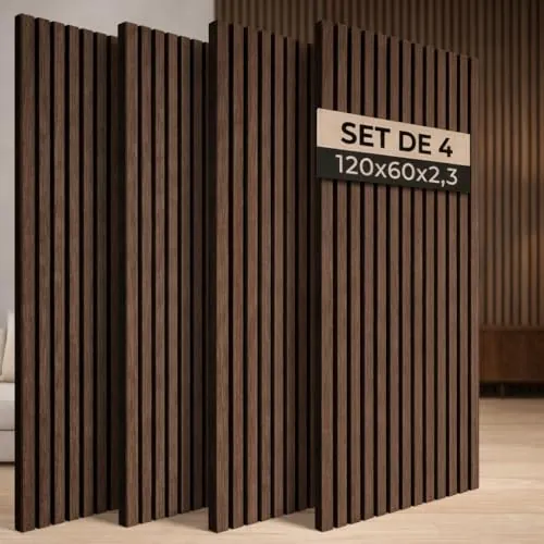 Ediesi, Paneles Acusticos Decorativos 120x60 cm, Revestimiento de Pared en Madera con Listones, Aislante de Ruido, Diseño Moderno para Salon, Oficina o Estudio (Roble Oscuro, 4 Unidades)