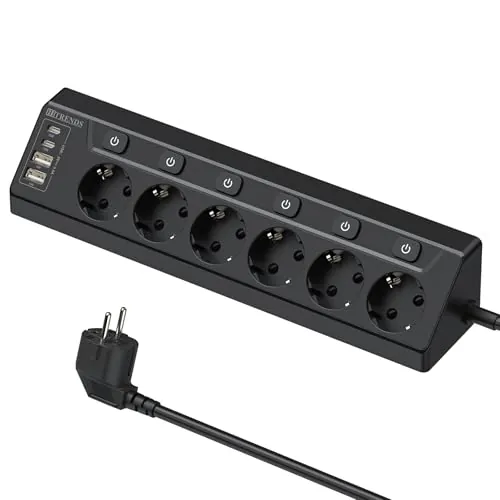 Regleta de Enchufes de Esquina con USB, 6 Enchufes con Interruptor, Regleta Múltiples con 2 USB y 2 Type-C, Protección contra Sobretensiones 10 en 1 con Cable de 2M para Smartphones, Tabletas, Negro