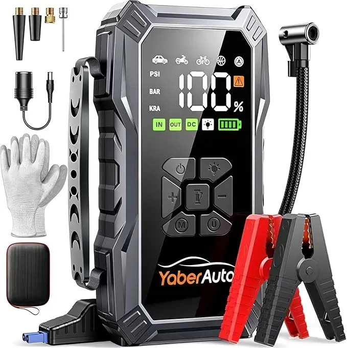 Arrancador de Baterias de Coche con Compresor de Aire, 6000A YaberAuto Arrancador de Coche Portatil (Todo Gas/10,0L Diesel) con 150PSI Inflador, Pantalla Grande y Linterna LED