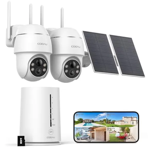COOAU 4MP Kit de Cámara Vigilancia WiFi Exterior Solar con Batería,2Cámaras