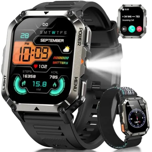 Reloj Inteligente Hombre con Brújula,2.01" Smartwatch Hombre,Linterna LED-- Llamadas Bluetooth,20 Días Batería,123 Modos Deporte, Monitor Cardíaco 24h/SpO2/Estrés/Sueño, IP68, 2 Correas (iOS/Android)