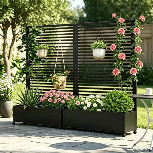 BIXUYOU Jardinera metálica para Exterior con Enrejado, bancal Elevado de Metal con Ruedas, Jardinera Independiente con privacidad para Flores y Verduras en jardín, Patio y balcón.