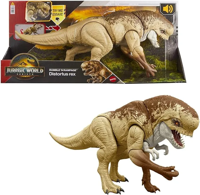 Mattel Jurassic World: El Renacer Rumble 'N Rampage Figura de acción de dinosaurio Distortus Rex de 56 cm con dos acciones de ataque, diseño fiel, juego digital, JJP79