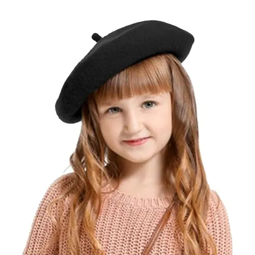 Winmany Niñas Pequeño Boina Sombrero Niños Color Sólido Francés Beret Cap Otoño Invierno Lana Artista Sombrero (FR/ES, Letras, Talla única, Negro)
