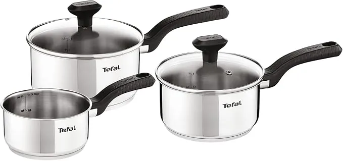 Tefal Comfort Max - Juego de 3 Cazos de 16/18/20 cm + 2 Tapas, Apto inducción, sin antiadherente, apto lavavajillas y horno, acero inoxidable
