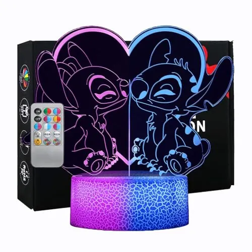 Lampada Stitch Doble Pantalla a Color: 32 Colores Luz Nocturna LED 3D con Control Remoto y Smart Touch, Decoración Habitación Niños, Regalo Cumpleaños Navidad Niña Niño, Regalo y Merchandising Stitch