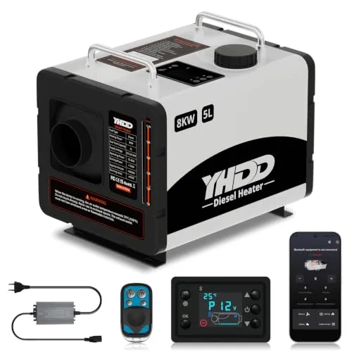 YHDD Calefacción Diésel Portátil de 8 kW, 12V-24V, con Bluetooth y Depósito de 5L para Autocaravanas y Garajes