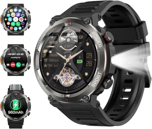 1.45"Smartwatch Hombre,Linterna LED,Notificaciones de Mensajes,IP68 Militar