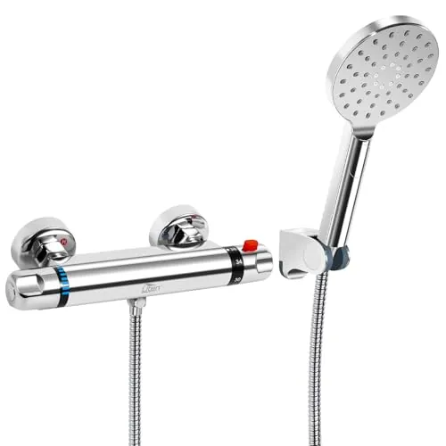 Grifería Termostática de Ducha, Uten Juego Ducha Completo con Cabezal de 3 Funciones Sistema de Seguridad y Montaje en Pared de Latón Cromado, Plata