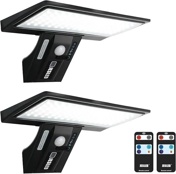 JESLED Luz Solar Exterior, 2 Paquete 90 LED, Foco Potente con Sensor de Movimiento, Impermeable con 4 Modos Inteligentes para Jardín, Patio, Camino, Escalera