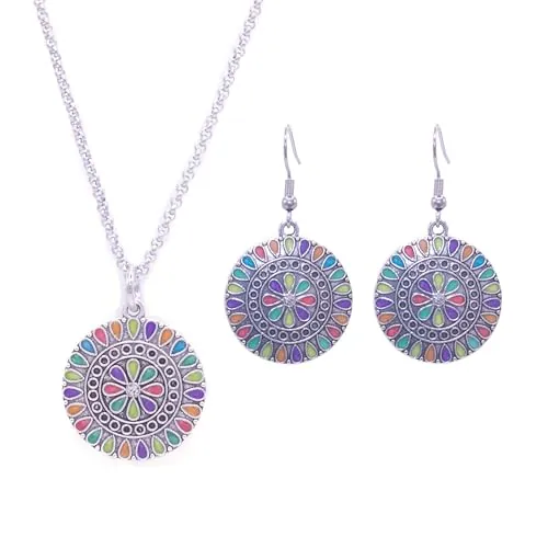 ZARZAMORA Conjunto a Juego -Pendientes y Colgante Bohemios Vintage Plata Tibetana Acabado Antiguo y Cadena de acero Inoxidable -Colgantes Mujer Esmaltados Redondos Étnico-Hippie-Regalo Original
