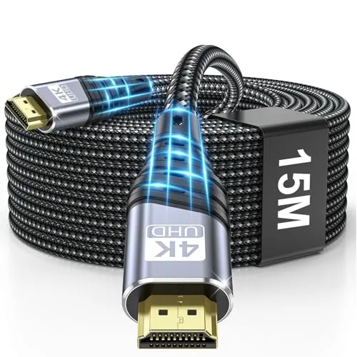 TEFLOTY Cable HDMI 2.0 15M, 4K Cable HDMI de Alta Velocidad Ultra HD 18Gbps 4K@60Hz 2160P eARC HDCP 2.2DTS:X Compatible con HDTV, PS5/4/3, Xbox Series X/S, Monitor