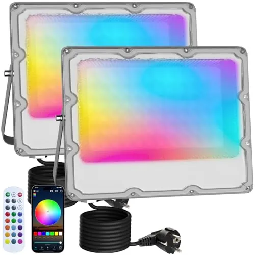MEEKBOS 2 Piezas Foco LED RGB Exterior, 50 W, Regulable, Cambio de Color | Reflector RGB, 5000 lm, App Bluetooth y Mando de 2,4 GHz, IP66, 16 Millones de Colores y DIY para Fiestas, Pascua y Halloween