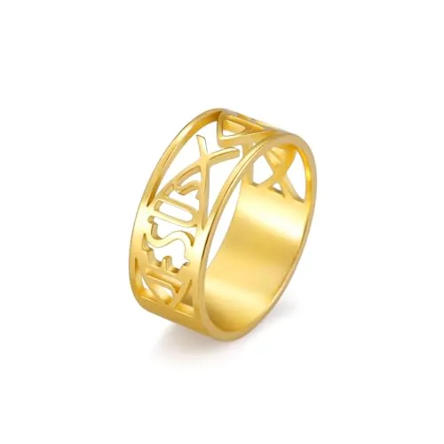 unift Jesús Pez Anillos Para Hombres Mujeres Acero Inoxidable Esqueleto Estilo Cristiano Simbolo Jesus Fish Anillos Fe Joyeria (Oro, 9)