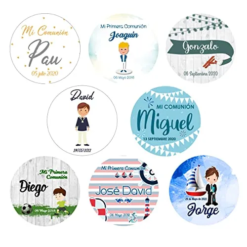 Etiquetas Personalizadas para Comunión de Niño de 5cm Adhesivas o Cartulina con Cordón