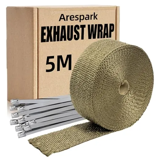 Cinta Anticalorica para Escapes, Arespark 5M Dorado Cinta de Escape Termica Moto Hecho de Fibras de Basalto con 10 Bridas Metalicas, para Colectores de Escape de Moto y Coches También