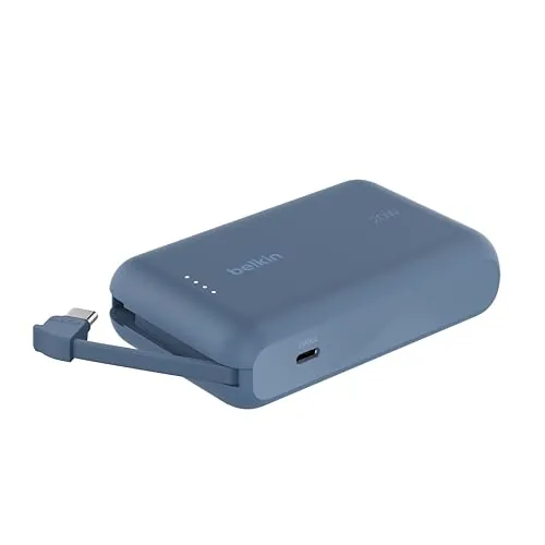 Belkin BoostCharge batería Externa de 10 000 mAh, Power Bank portátil con Cable Integrado PD (20 W), Carga rápida por USB-C Power Delivery 10K, Cargador móvil, iPhone 16, iPad Pro, Galaxy S24 y Otros