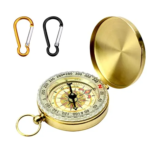 Reloj de Bolsillo Con Brújula Dorada y 2 Mosquetones (Negro y Naranja) - Brújula Direccional de Cobre Puro, Luminosa, para Montañismo y Otras Actividades al Aire Libre