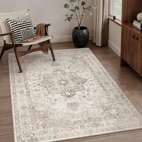 PureCozy Vintage Alfombra Salon 80x150cm Alfombras de Habitacion Beige Carpet Lavable Lavadora Pelo Corto Rug Antideslizante Tapetes para Sala Tapete Quarto Comedor Rugs