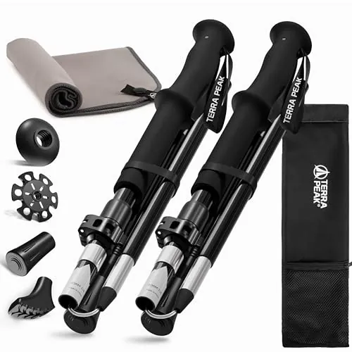 Terra Peak® Bastones de Senderismo (Plegables) telescópicos de Aluminio (ultraligeros, Extensibles) - Palos Trekking, Nordic Walking y Trail Running para Hombre y Mujer (con Toalla Gratis)