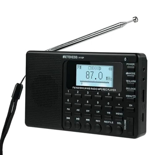 Retekess V115P Radio Portátil Pequeña, Radio a Pilas, Am/FM/SW/LW/WB, Radios Pequeñas Digitales con MP3, 1800mAh, TF/AUX, Grabación, Iluminación, Temporizador de Apagado, para Exteriores y Hogar